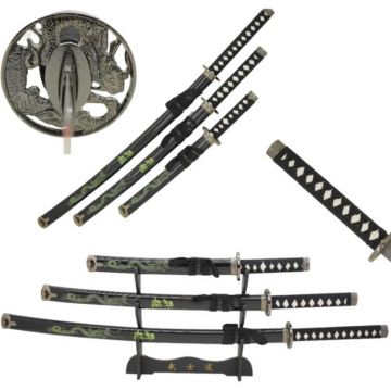 3 Pcs Black Dragon Samurai Sword Set W/ Stand